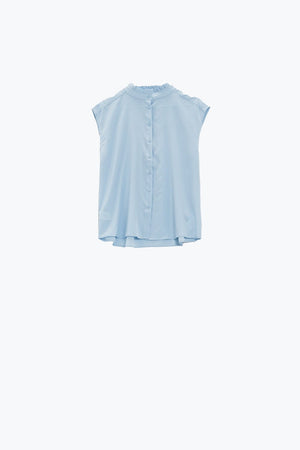 Q2 Women's Blouse Mao Collar Sleeveless Blue Button Up Blouse