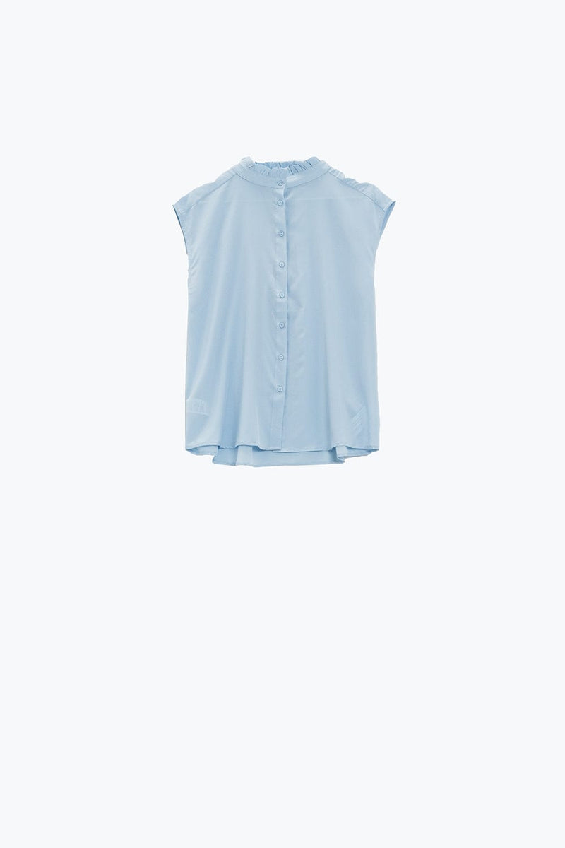 Q2 Women's Blouse Mao Collar Sleeveless Blue Button Up Blouse