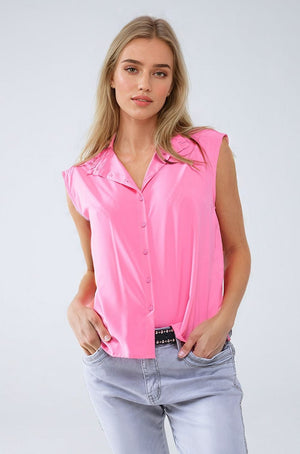 Q2 Women's Blouse Mao Collar Sleeveless Pink Button Up Blouse