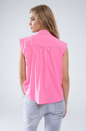 Q2 Women's Blouse Mao Collar Sleeveless Pink Button Up Blouse