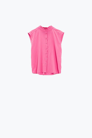 Q2 Women's Blouse Mao Collar Sleeveless Pink Button Up Blouse