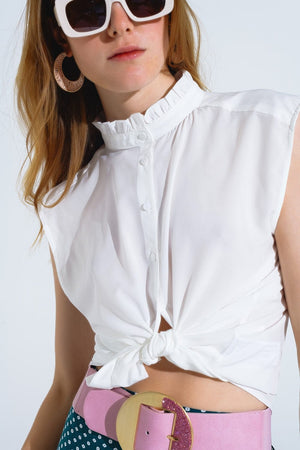 Q2 Women's Blouse Mao Collar Sleeveless White Button Up Blouse