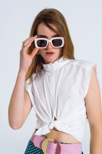 Q2 Women's Blouse Mao Collar Sleeveless White Button Up Blouse