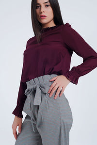 Q2 Women's Blouse Maroon Shirt with Neck and Sleeve Detailed Ends