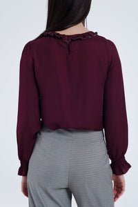 Q2 Women's Blouse Maroon Shirt with Neck and Sleeve Detailed Ends