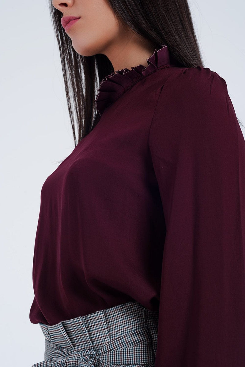 Q2 Women's Blouse Maroon Shirt with Neck and Sleeve Detailed Ends