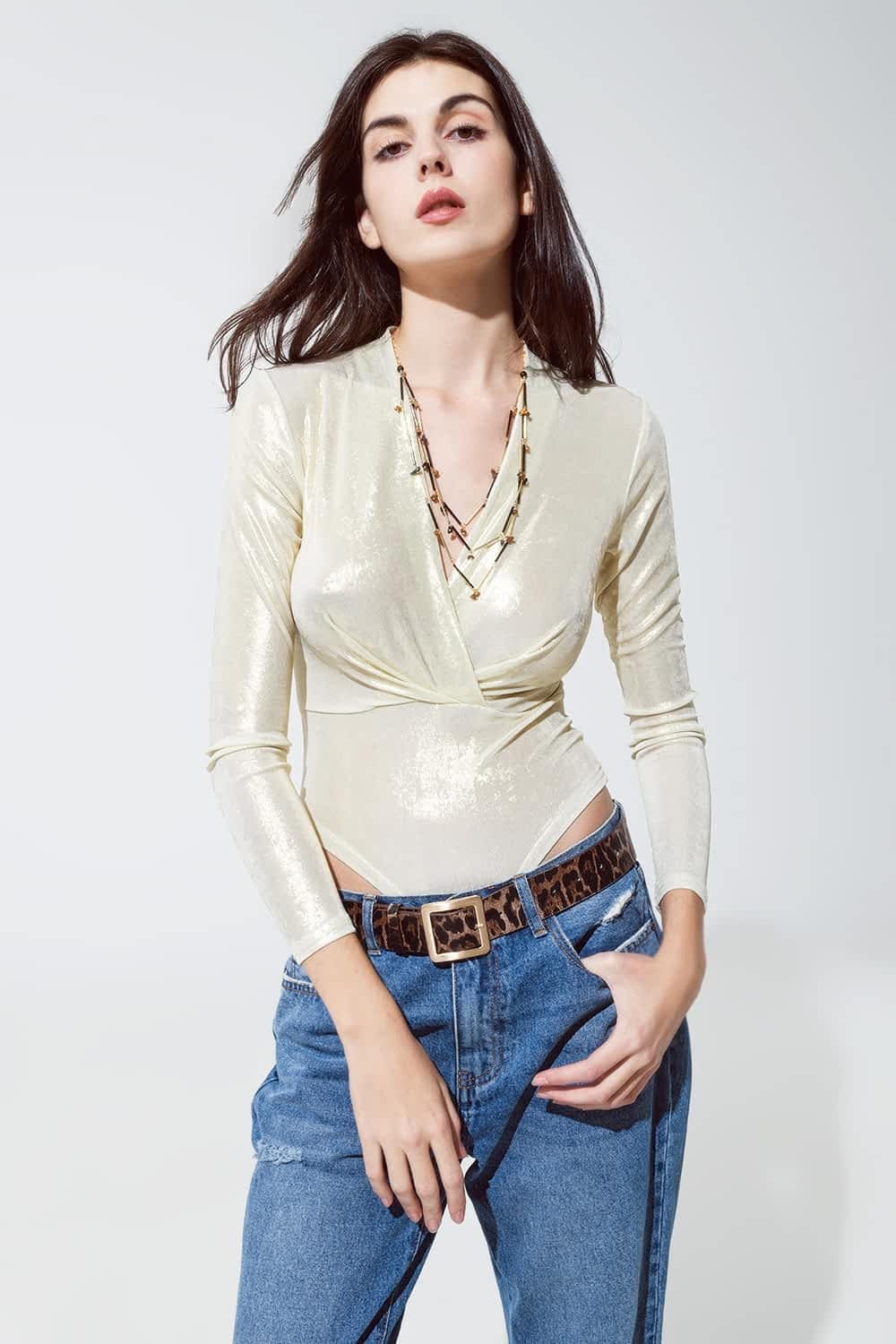 Q2 Women's Blouse Metallic Finish Bodysuit With Draped Details In Pearl White