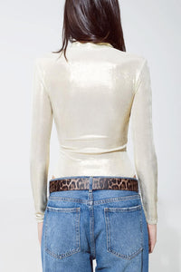 Q2 Women's Blouse Metallic Finish Bodysuit With Draped Details In Pearl White