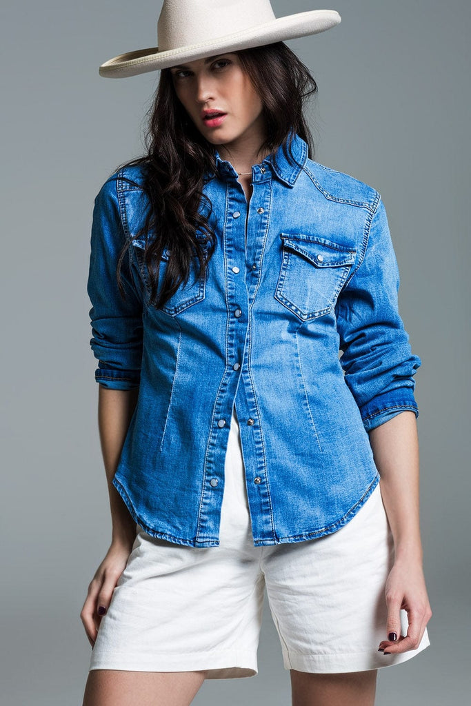 Q2 Women's Blouse Mid Wash Denim Shirt  With Chest Pockets And Press Buttons