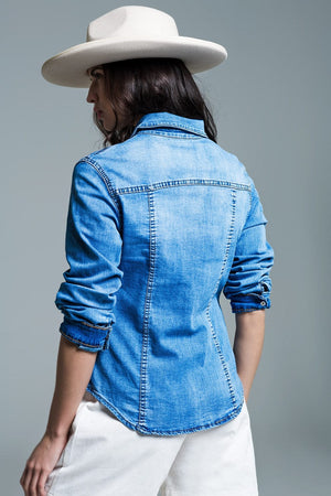 Q2 Women's Blouse Mid Wash Denim Shirt  With Chest Pockets And Press Buttons