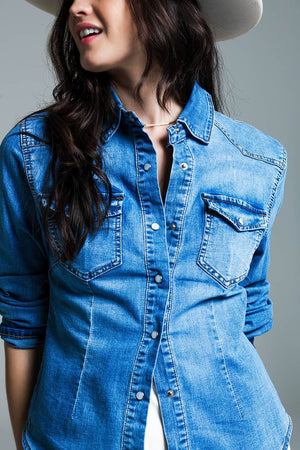 Q2 Women's Blouse Mid Wash Denim Shirt  With Chest Pockets And Press Buttons