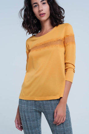 Q2 Women's Blouse Mustard 3/4 Sleeve T-Shirt With Eyelash Trim