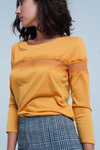 Q2 Women's Blouse Mustard 3/4 Sleeve T-Shirt With Eyelash Trim