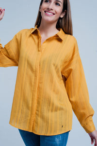 Q2 Women's Blouse Mustard Shirt Thin Black Stripes