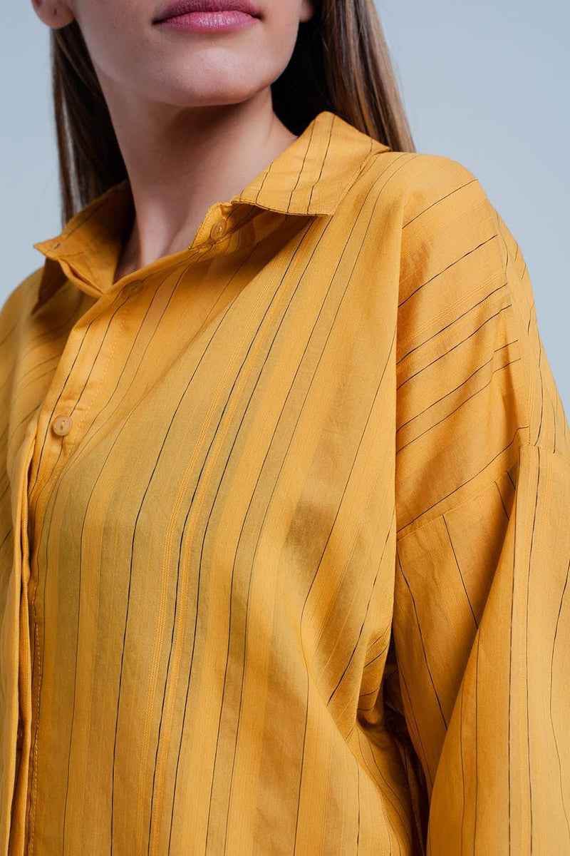 Q2 Women's Blouse Mustard Shirt Thin Black Stripes