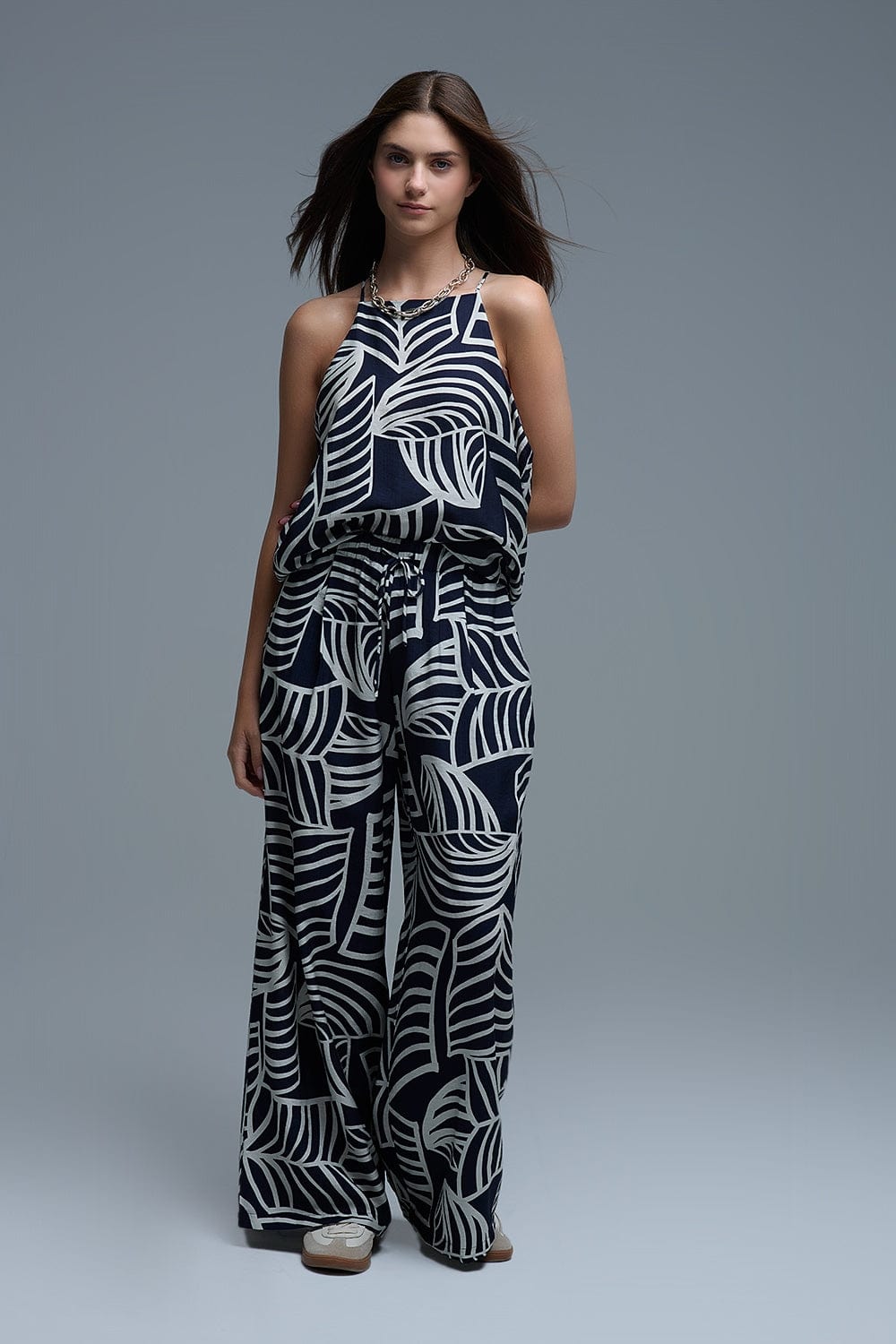 Q2 Women's Blouse Navy And White Sleeveless Halter Top With White Leaf Print