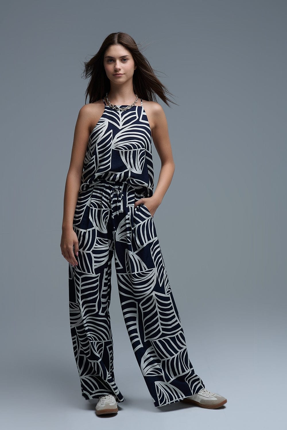 Q2 Women's Blouse Navy And White Sleeveless Halter Top With White Leaf Print
