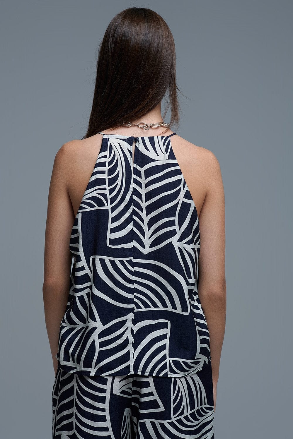 Q2 Women's Blouse Navy And White Sleeveless Halter Top With White Leaf Print