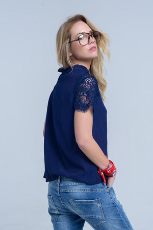 Q2 Women's Blouse Navy blouse with lace insert