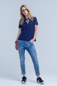 Q2 Women's Blouse Navy blouse with lace insert