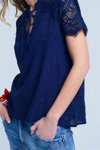 Q2 Women's Blouse Navy blouse with lace insert