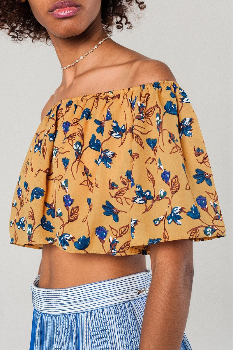 Q2 Women's Blouse Off shoulder floral crop top in mustard