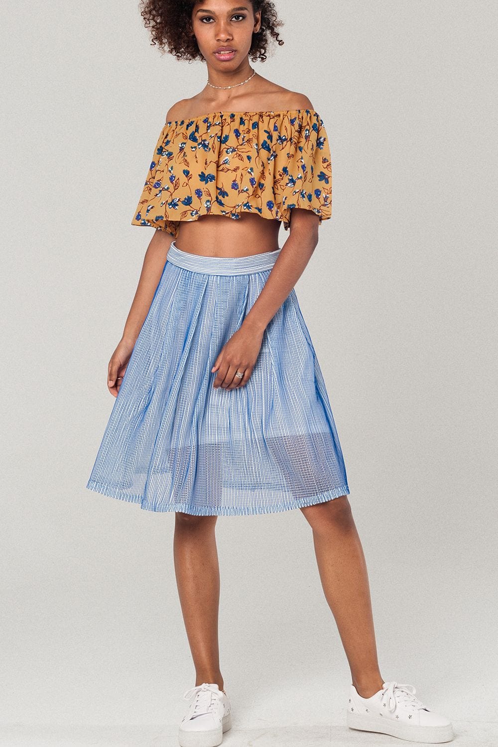 Q2 Women's Blouse Off shoulder floral crop top in mustard