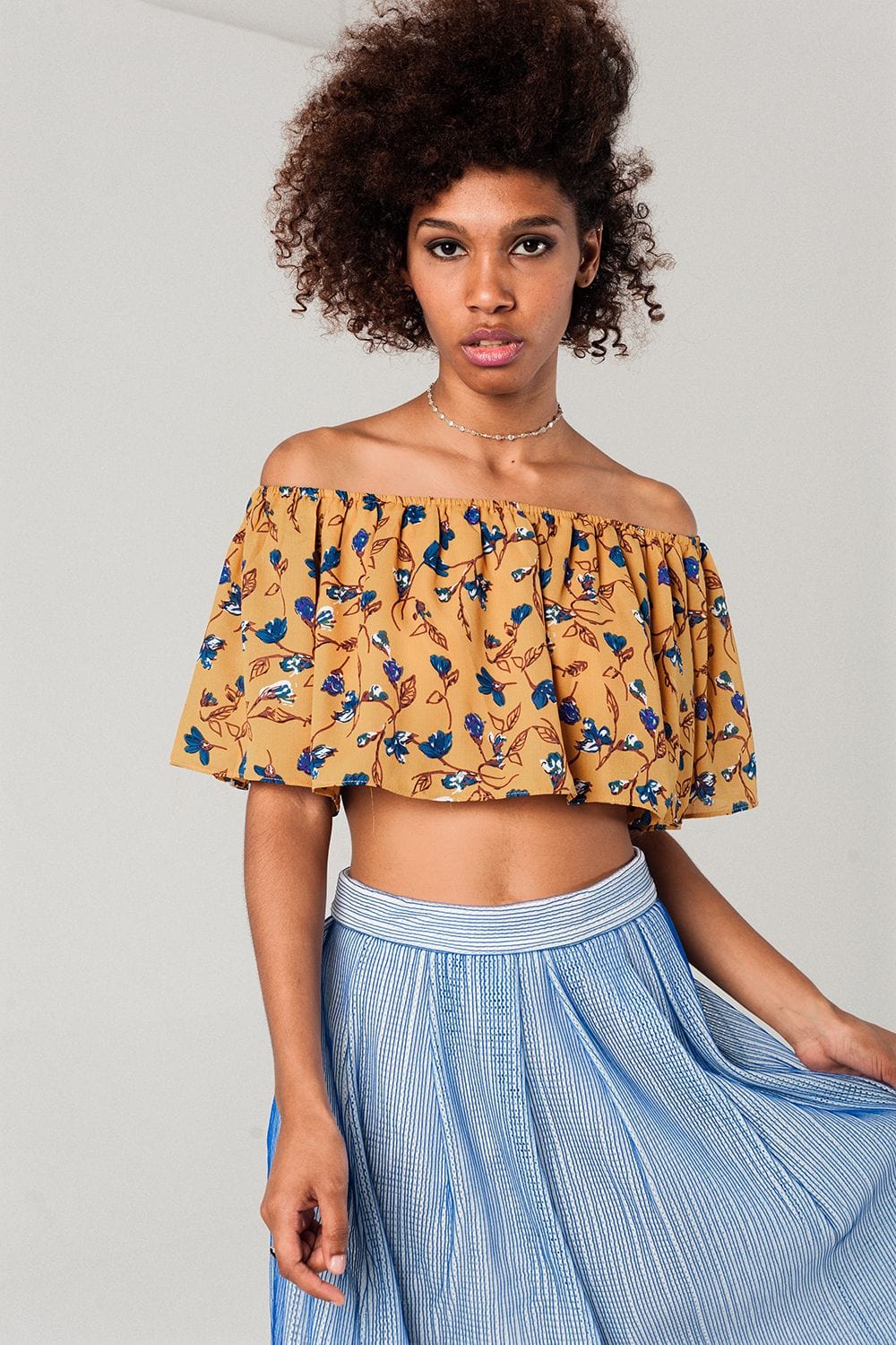 Q2 Women's Blouse Off shoulder floral crop top in mustard