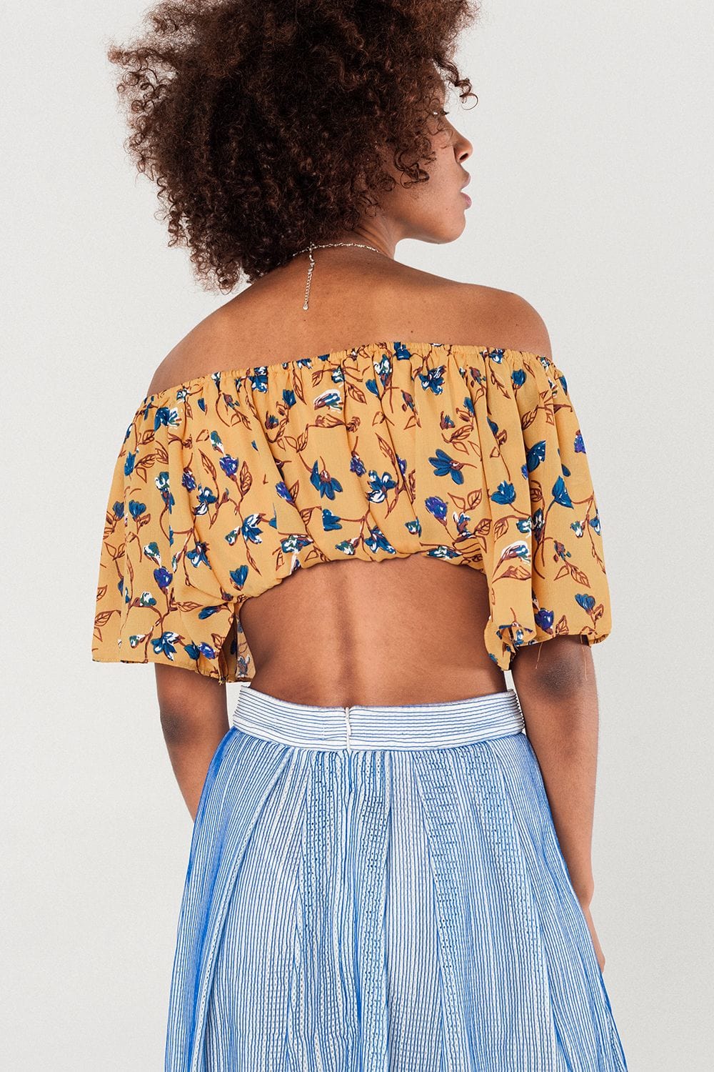 Q2 Women's Blouse Off shoulder floral crop top in mustard