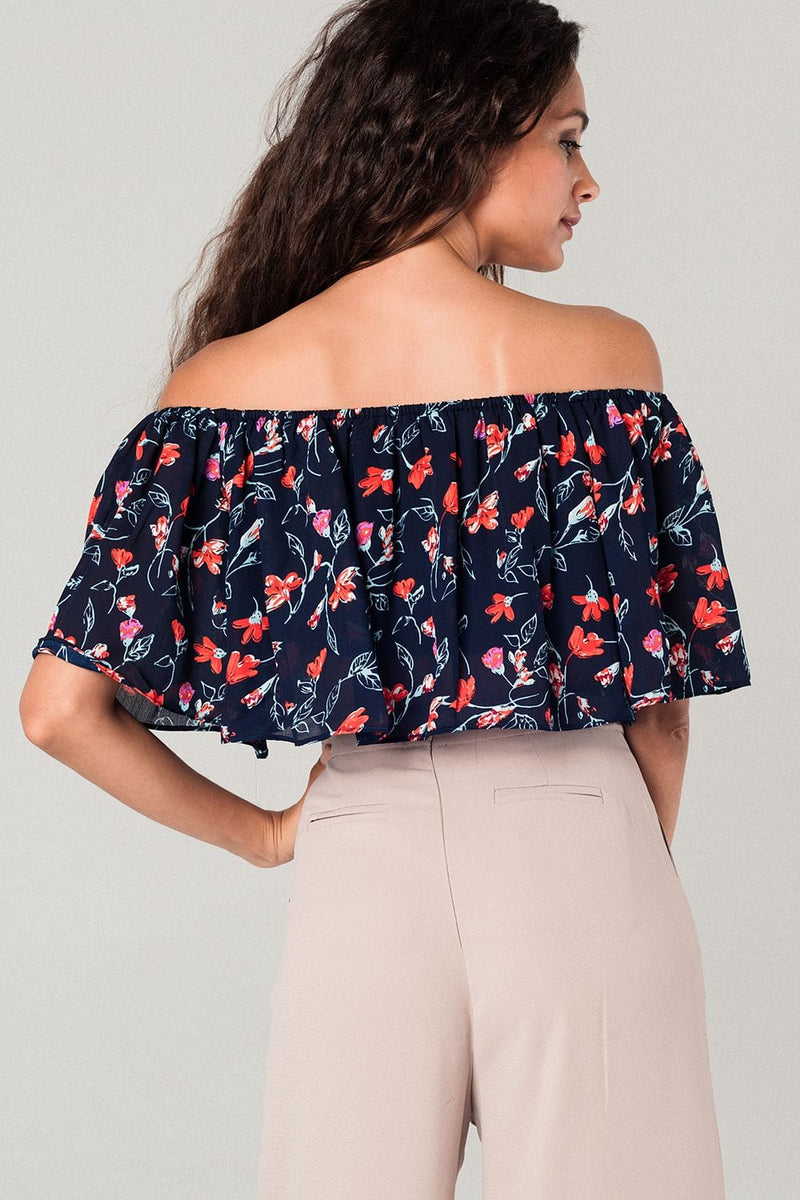Q2 Women's Blouse Off shoulder floral crop top in navy