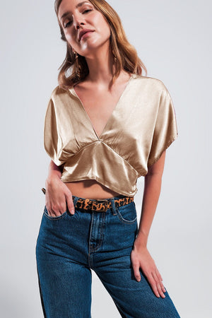 Q2 Women's Blouse One Size / Beige / China Short Sleeve Cropped Satin Top in Beige