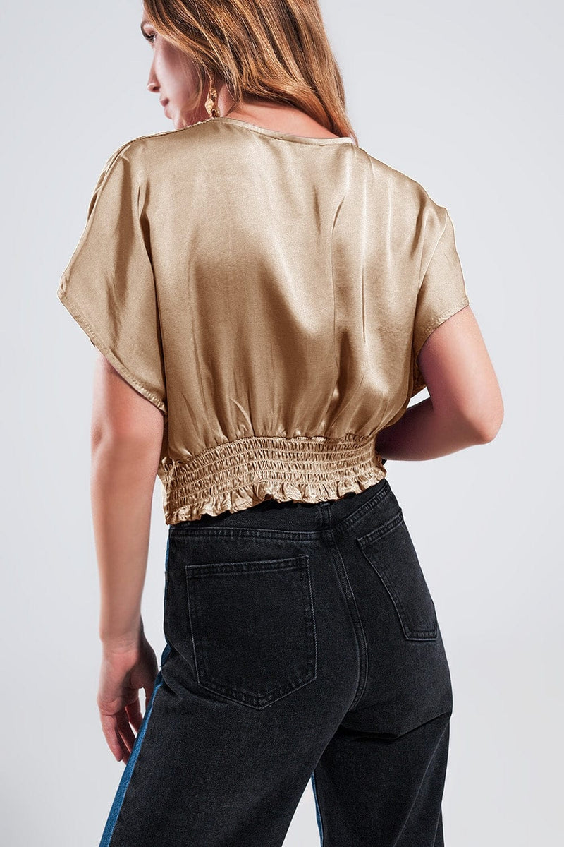 Q2 Women's Blouse One Size / Beige / China Short Sleeve Cropped Satin Top in Beige