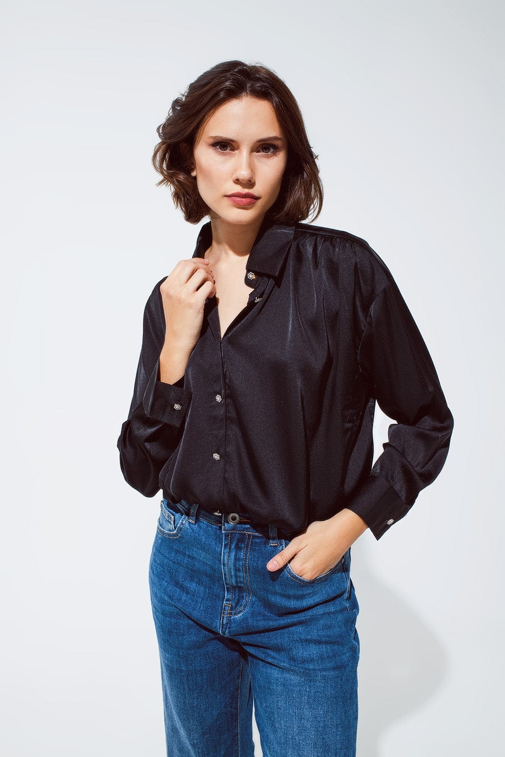 Q2 Women's Blouse One Size / Black Black Satin Blouse With Rhinestone Buttons
