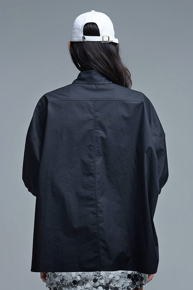 Q2 Women's Blouse One Size / Black Relaxed 3/4 Sleeve Poplin Shirt With Button Detail In Black