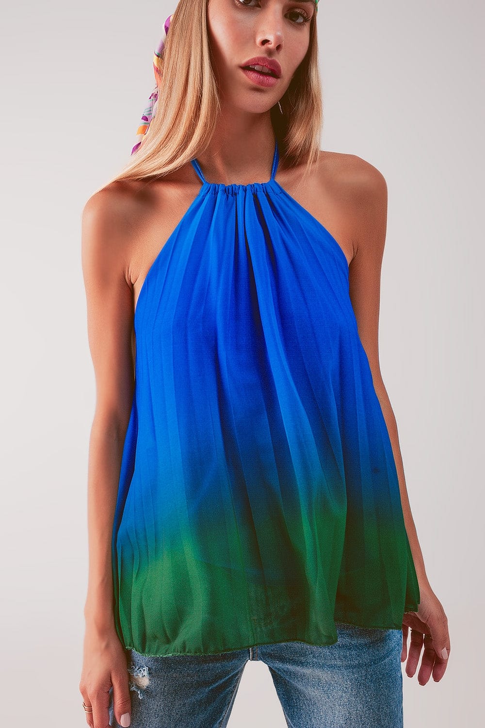 Q2 Women's Blouse One Size / Blue / China High Neck Pleat Top in Blue Ombre