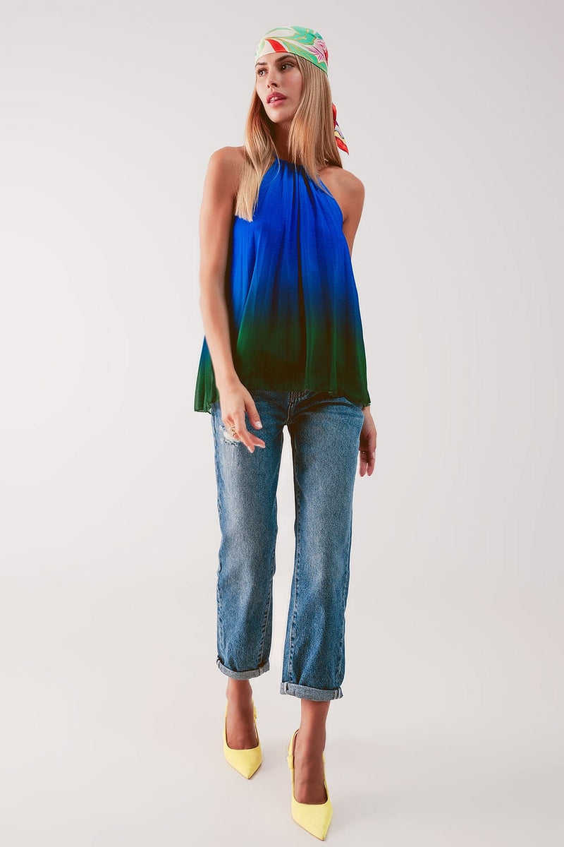 Q2 Women's Blouse One Size / Blue / China High Neck Pleat Top in Blue Ombre