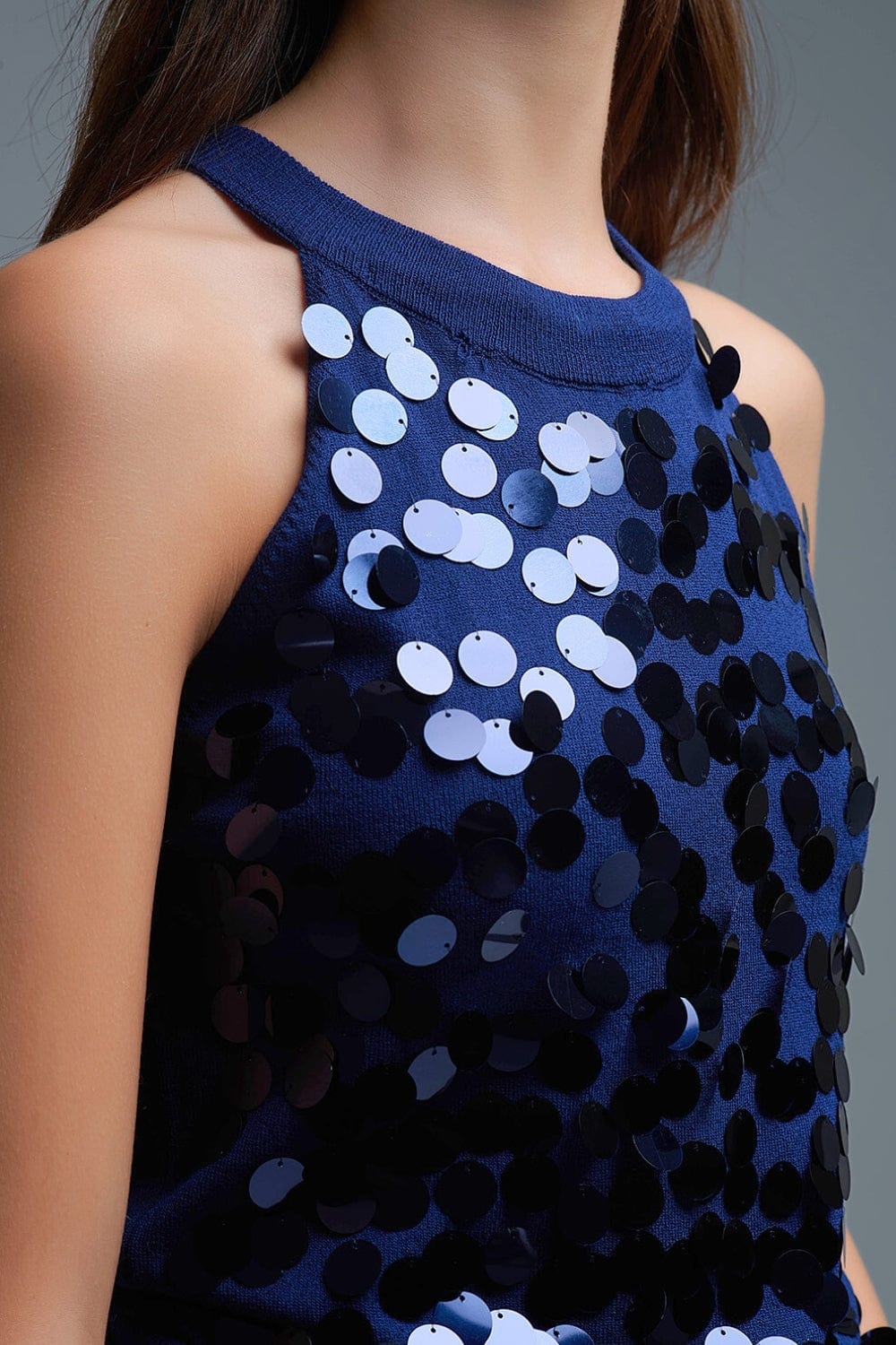 Q2 Women's Blouse One Size / Blue Navy Knit Top With Sequin Detail