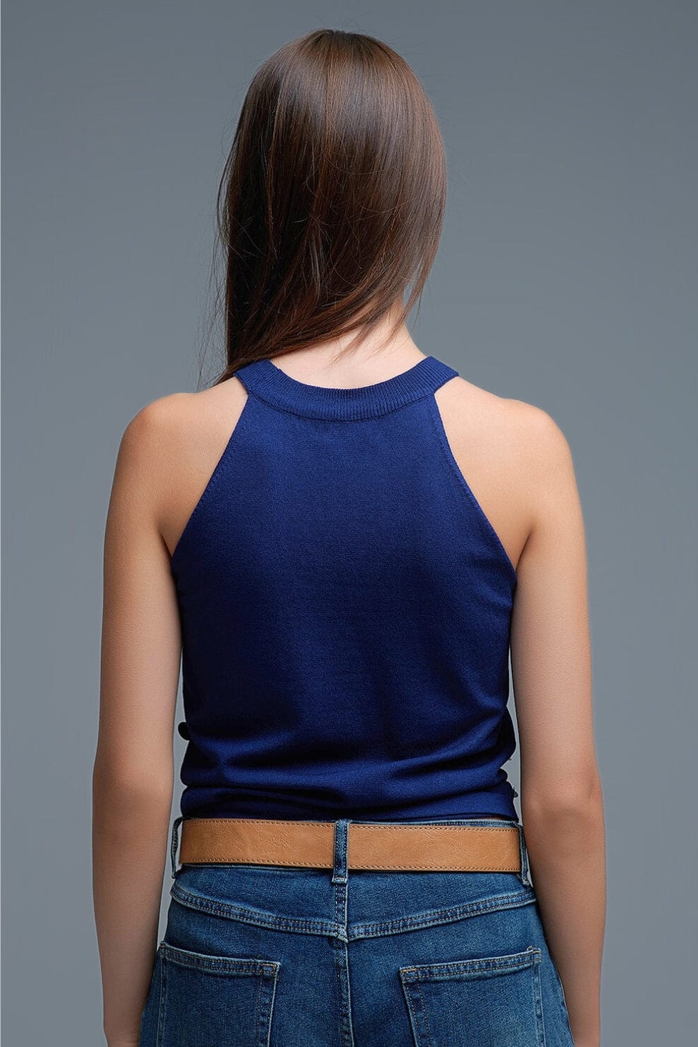 Q2 Women's Blouse One Size / Blue Navy Knit Top With Sequin Detail