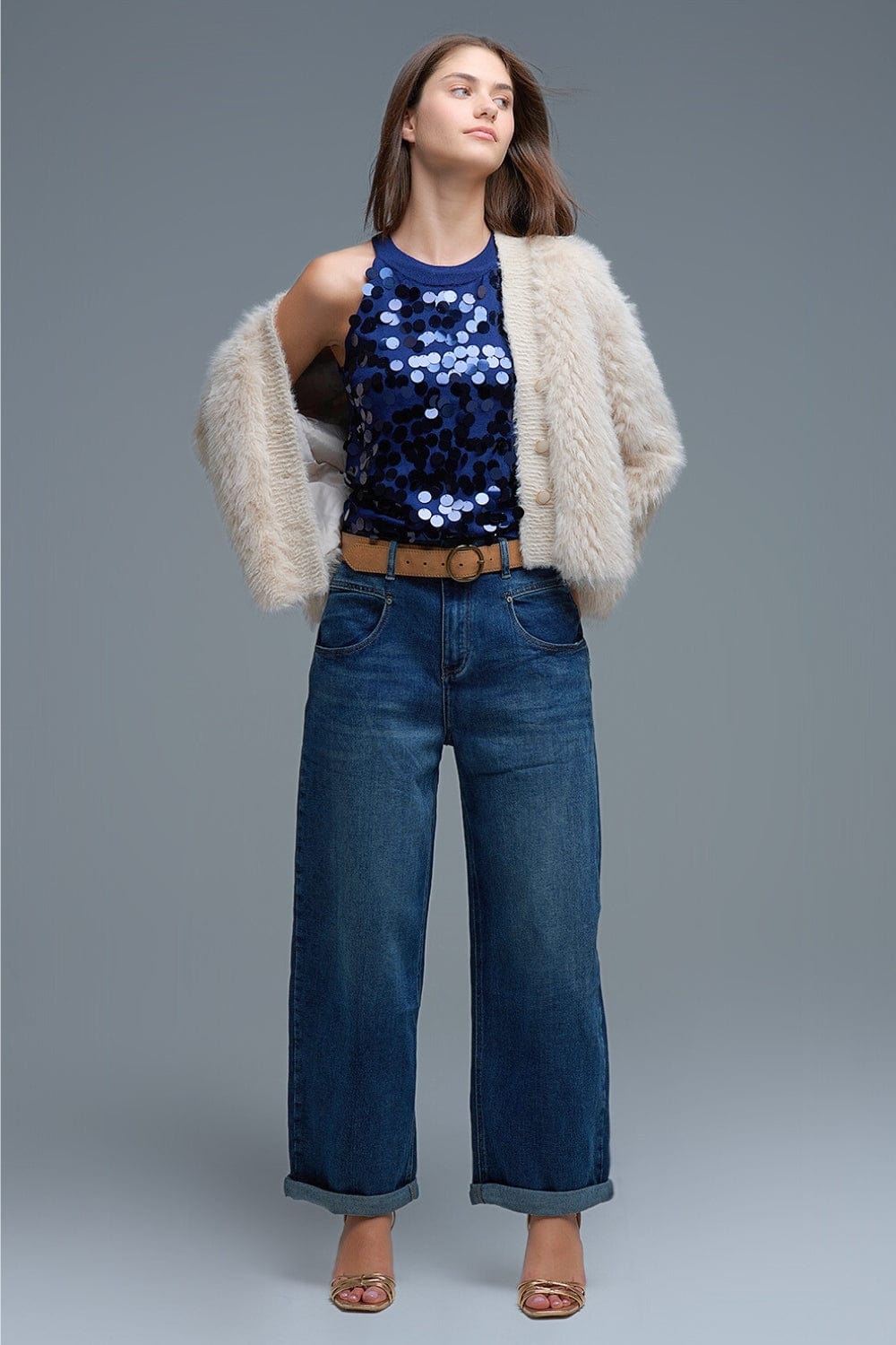 Q2 Women's Blouse One Size / Blue Navy Knit Top With Sequin Detail