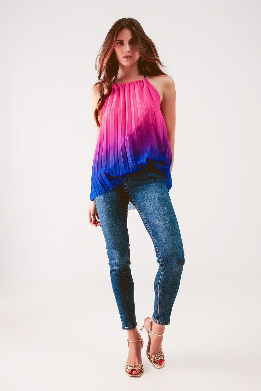 Q2 Women's Blouse One Size / Fuchsia / China High Neck Pleat Top in Fuchsia Ombre