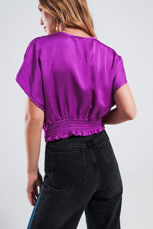 Q2 Women's Blouse One Size / Fuchsia / China Short Sleeve Cropped Satin Top in Fuchsia