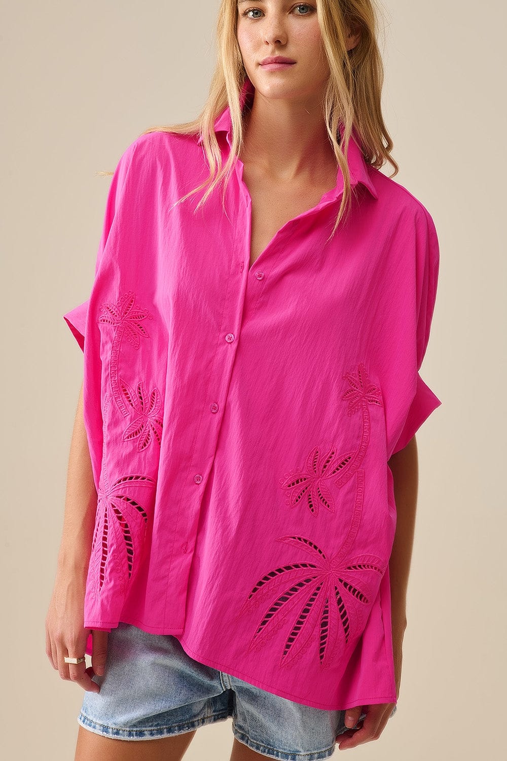Q2 Women's Blouse One Size / Fuchsia Embroidered Palm Trees Fuchsia Oversized Shirt