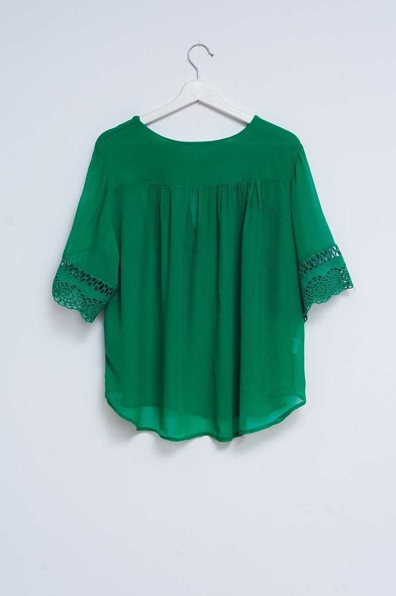 Q2 Women's Blouse One Size / Green / China Broderie Tie Front Blouse in Green