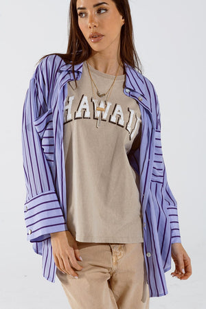 Q2 Women's Blouse One Size / Purple Lavander Shirt With Purple Stripes And Chest Pockets
