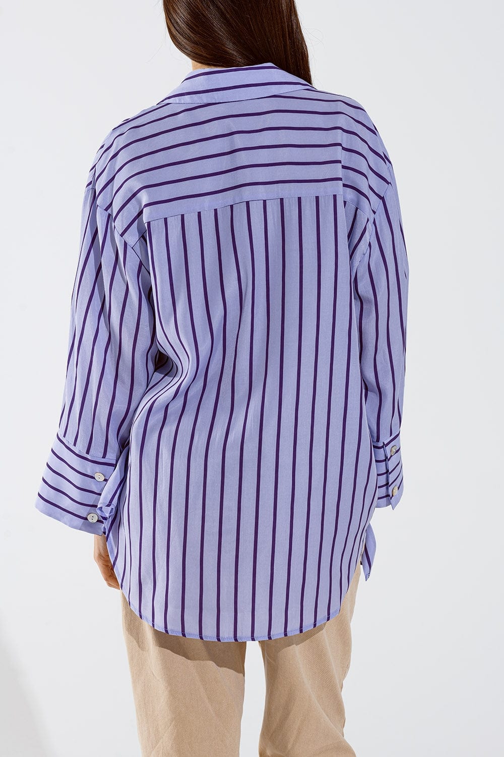 Q2 Women's Blouse One Size / Purple Lavander Shirt With Purple Stripes And Chest Pockets