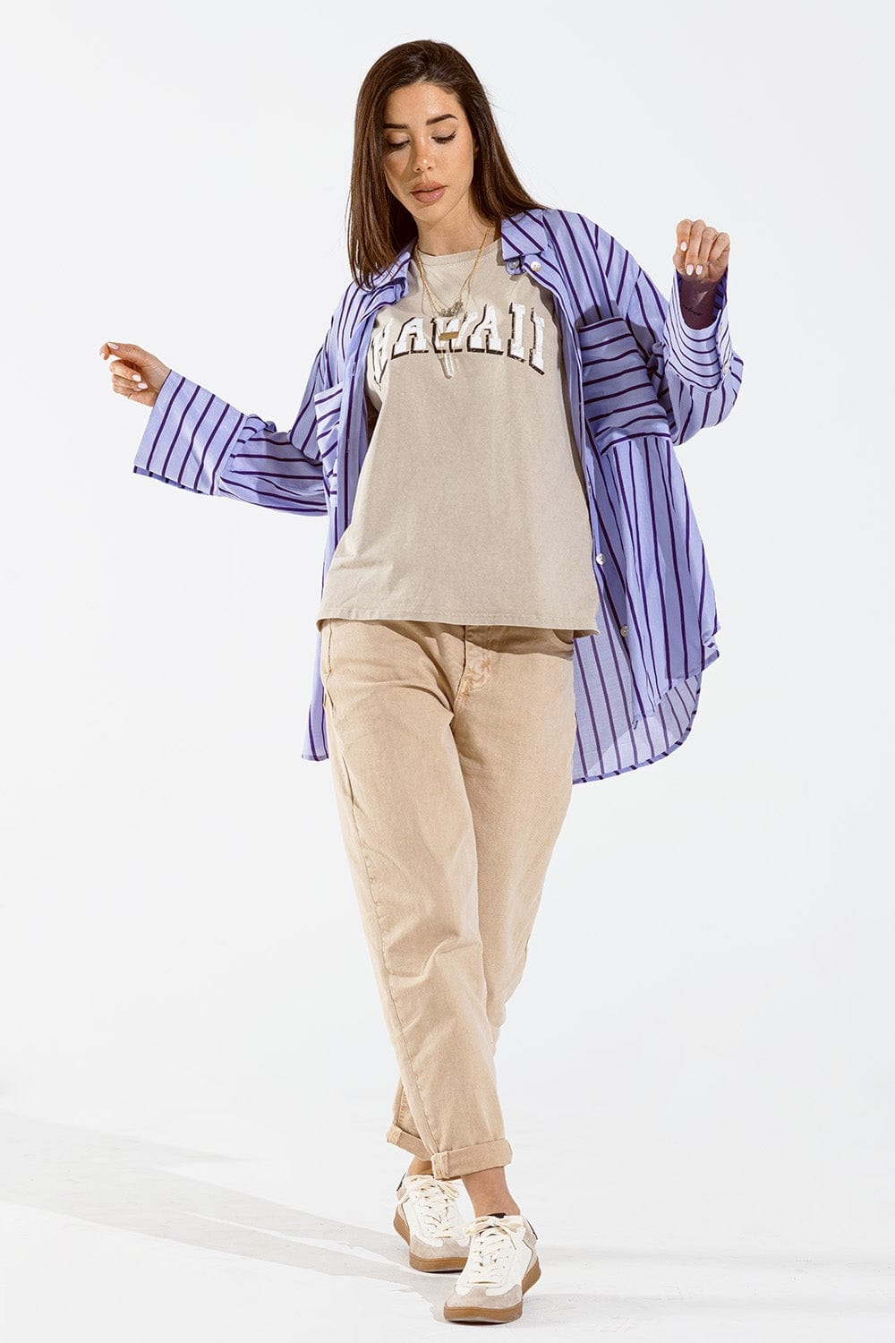 Q2 Women's Blouse One Size / Purple Lavander Shirt With Purple Stripes And Chest Pockets