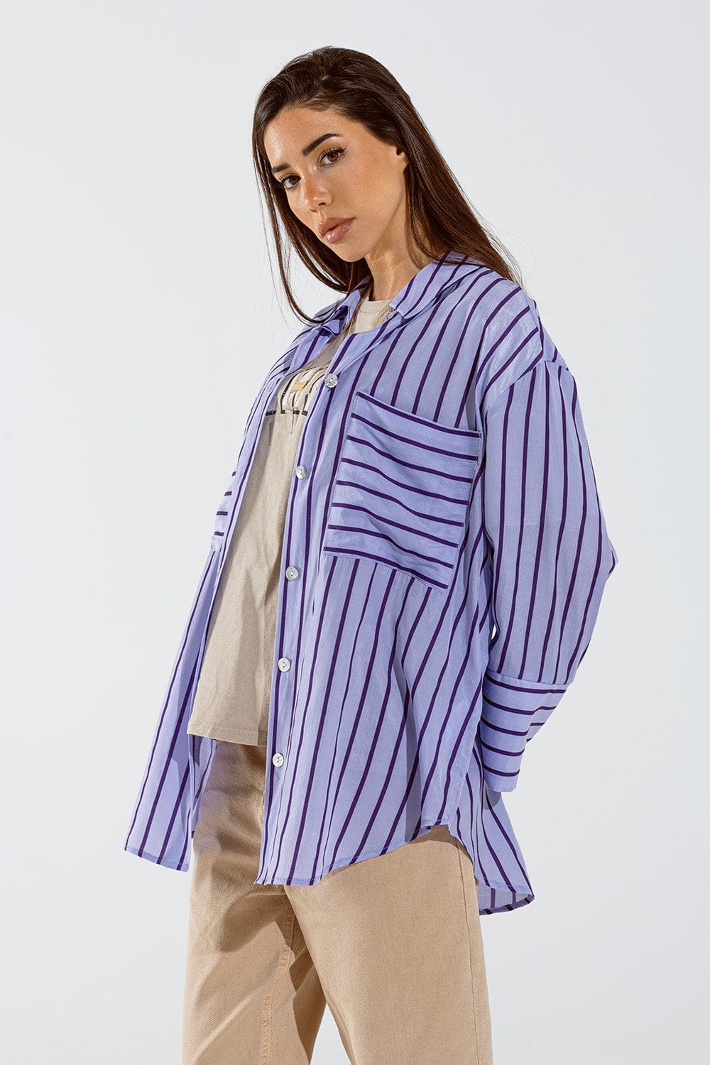 Q2 Women's Blouse One Size / Purple Lavander Shirt With Purple Stripes And Chest Pockets