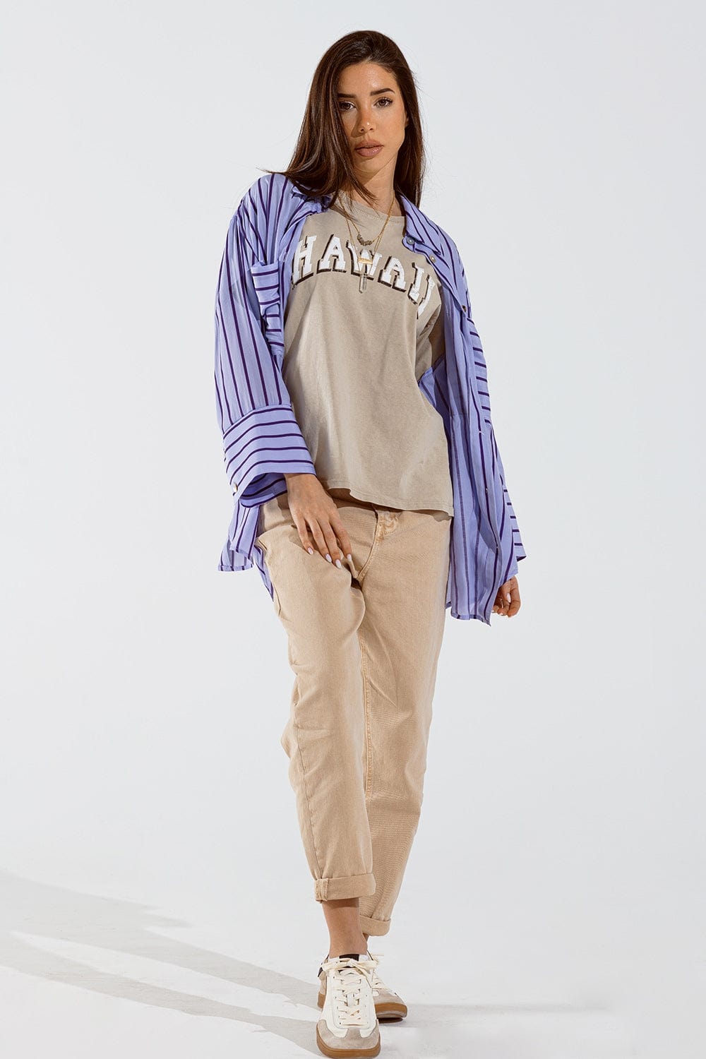 Q2 Women's Blouse One Size / Purple Lavander Shirt With Purple Stripes And Chest Pockets