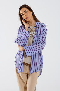 Q2 Women's Blouse One Size / Purple Lavander Shirt With Purple Stripes And Chest Pockets