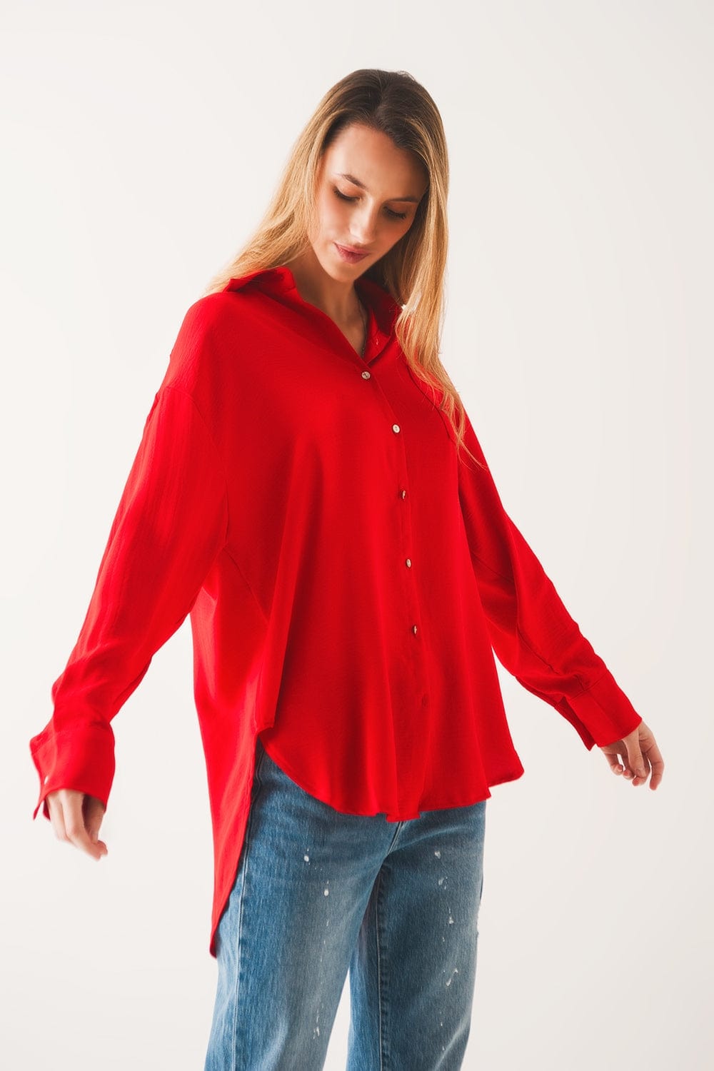 Q2 Women's Blouse One Size / Red / China Pocket Detail Oversized Shirt in Red